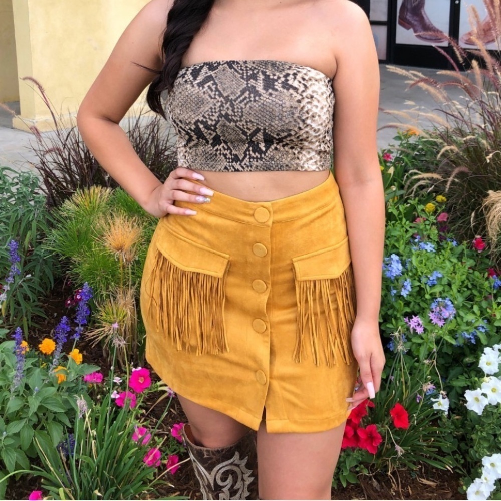 Flying Tomato Faux Suede Mustard Mini Skirt - Picture 3 of 7